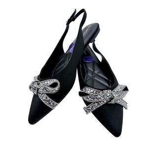 BCBGeneration Black Satin Crystal Bow Slingback Pointed Toe Flats Shoes 8.5